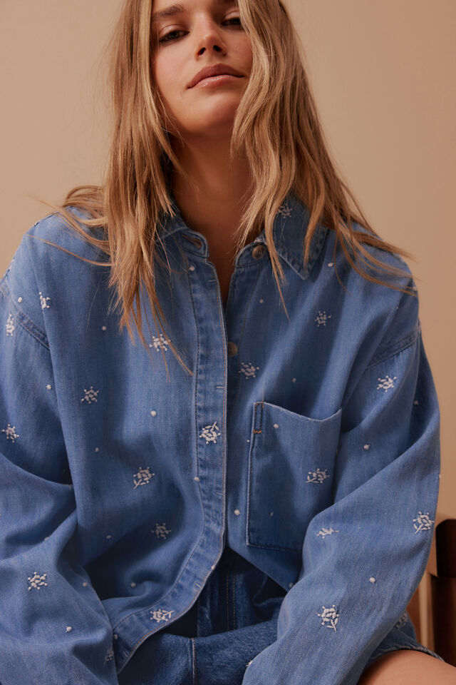 Embroidered Denim Shirt, VINTAGE BLUE FLOWER