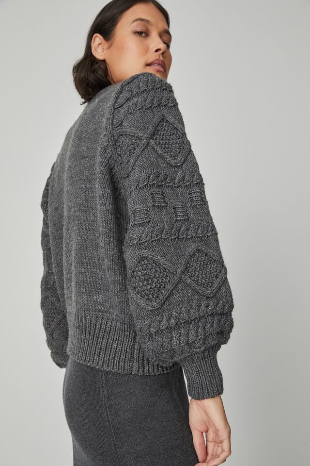 Cable Sleeve Cardigan In Recycled Blend Yarn, CHARCOAL MARLE