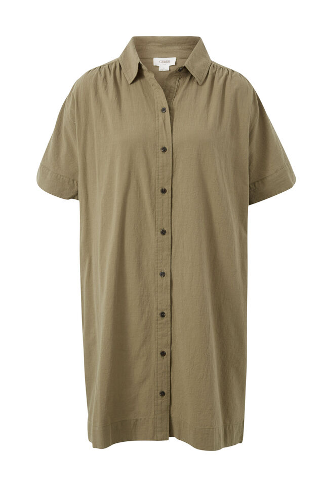 Mini Shirt Dress, FIG GREEN TEXTURED COTTON