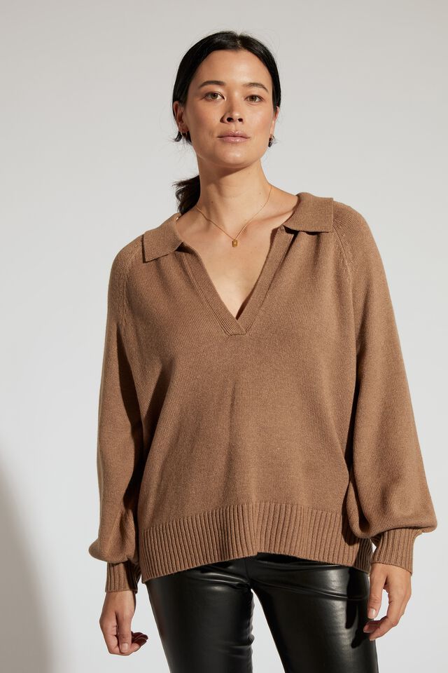 Soft Knit Collared Sweater In Recycled Blend, TAUPE MARLE