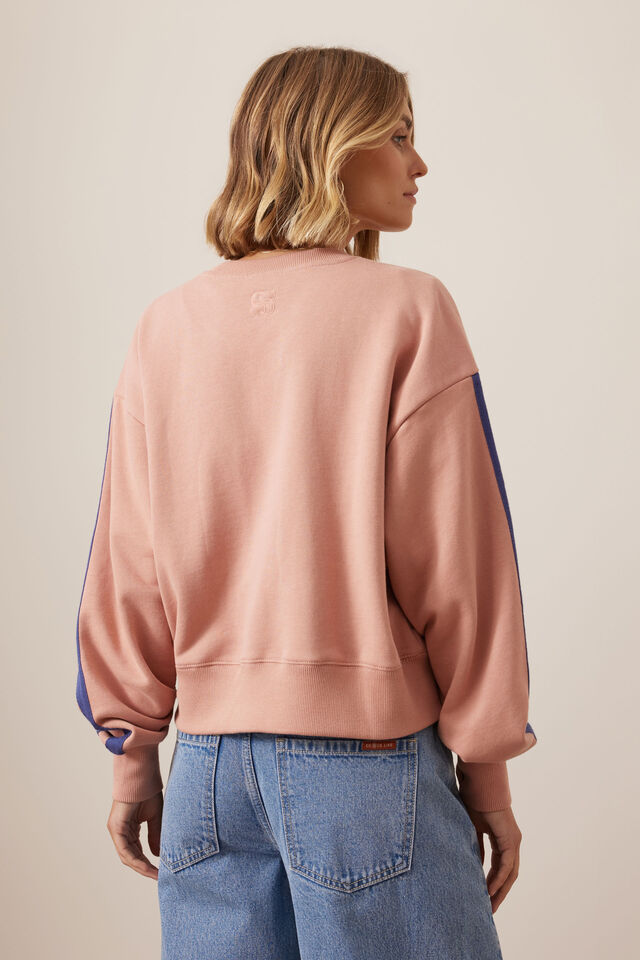 Sasha Sporty Slouchy Crew, PINK CLAY WASHED NAVY SIDE STRIPE