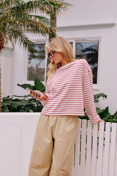 Beau Long Sleeve Slouchy Tee, BUFF/RED STRIPE