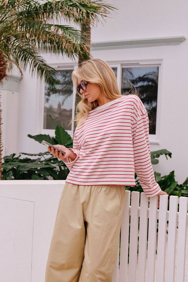 Beau Long Sleeve Slouchy Tee, BUFF/RED STRIPE