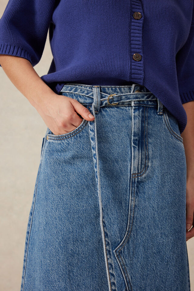 Tie Waist Denim Maxi Skirt, FRESH INDIGO