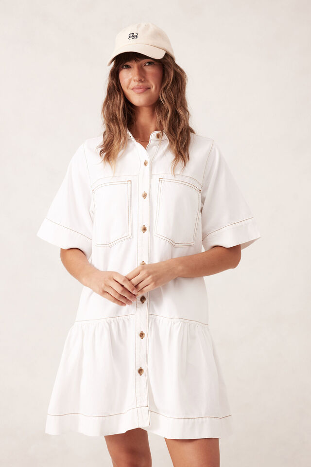Short Sleeve Tiered Pocket Shirt Dress, FRESH ECRU