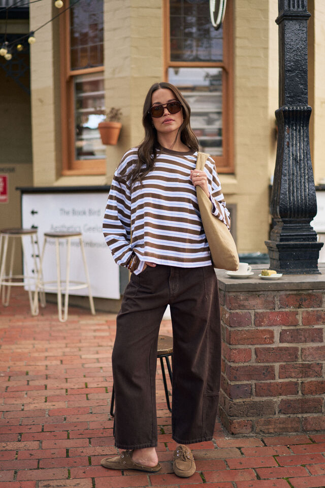Beau Long Sleeve Slouchy Tee, COCOA SKY BLUE STRIPE