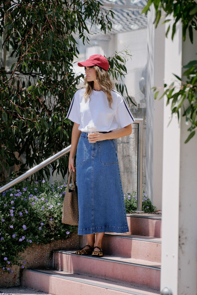 Patch Pocket Denim Midi Skirt, FRESH INDIGO