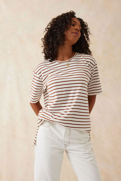 Longline Step Hem Tee, VANILLA/TOBACCO STRIPE