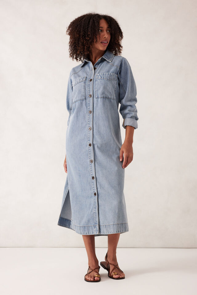 Long Sleeve Yoke Detail Midi Dress, VINTAGE BLUE