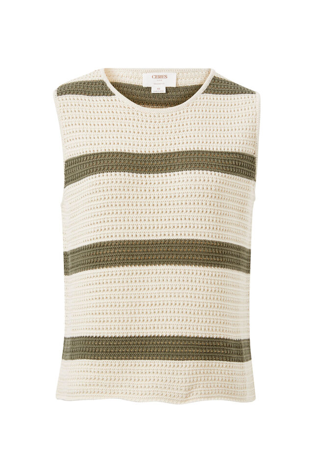 Margot Mesh Knit Tank, ECRU/SOFT OLIVE STRIPE