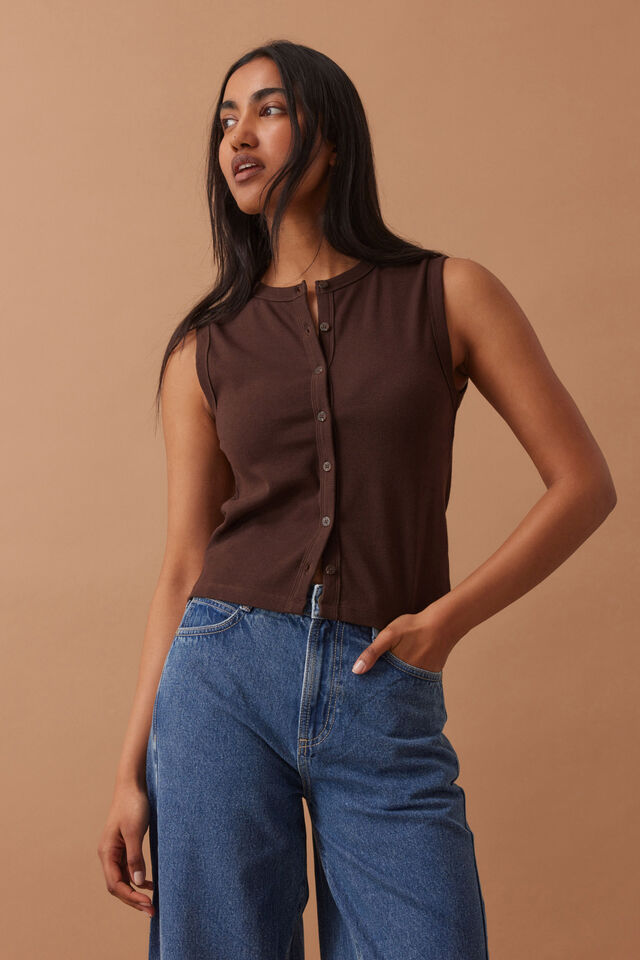 Lyla Button Through Rib Tank, CHOCOLATE