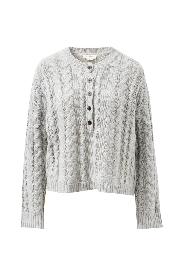 Enid Cable Knit Henley, SILVER MARLE