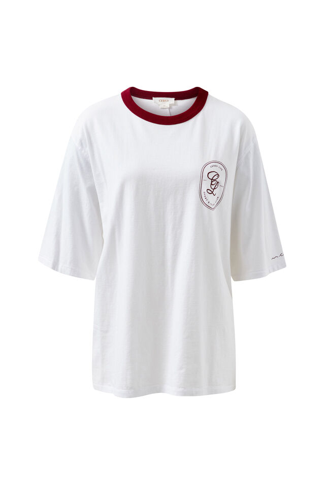Liv Oversized Tee, WHITE/BURGUNDY SPORT CLUB