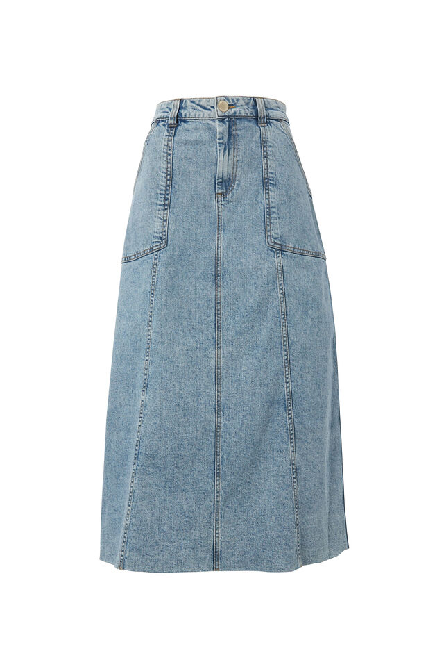 Flared Denim Midi Skirt, WORN BLUE RESCUED DENIM