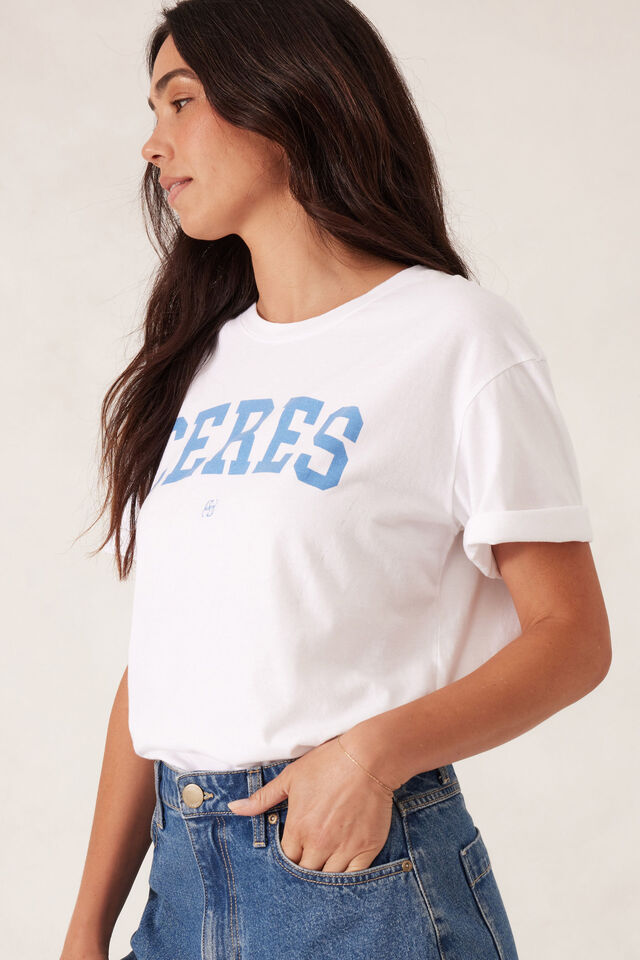 Stevie Slouchy Split Hem Tee, WHITE/CERES VARISTY POOL BLUE