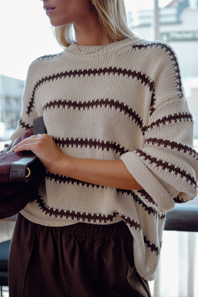 Lila Oversized Knit Crew, ECRU STRIPE