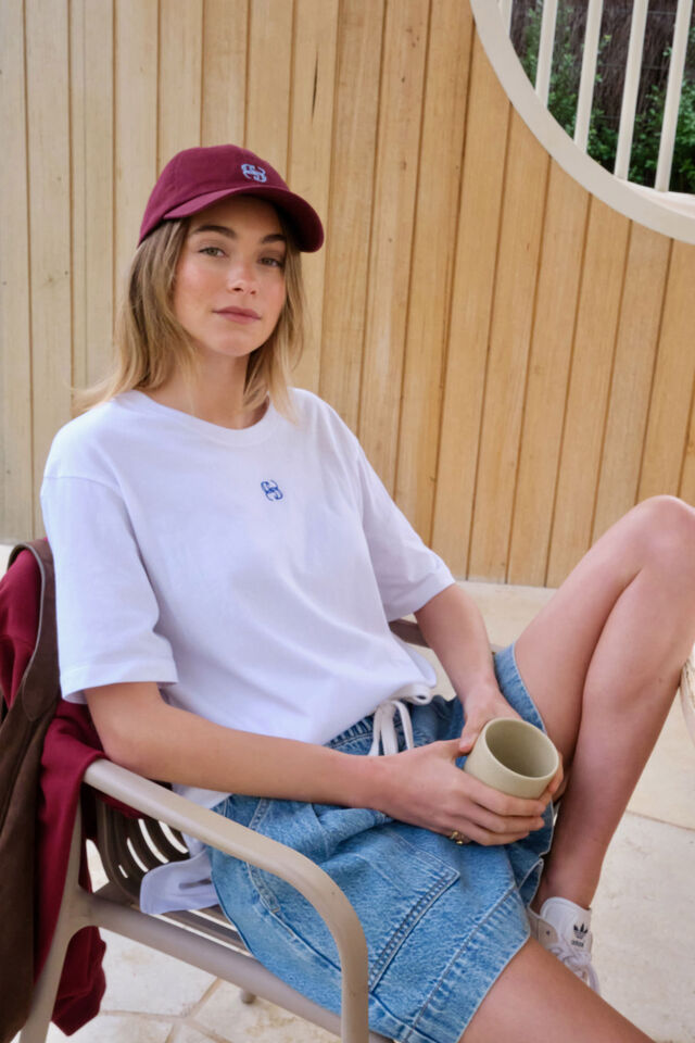 Lola Longline Step Hem Tee, WHITE/AZURE BLUE MONOGRAM EMBROIDER