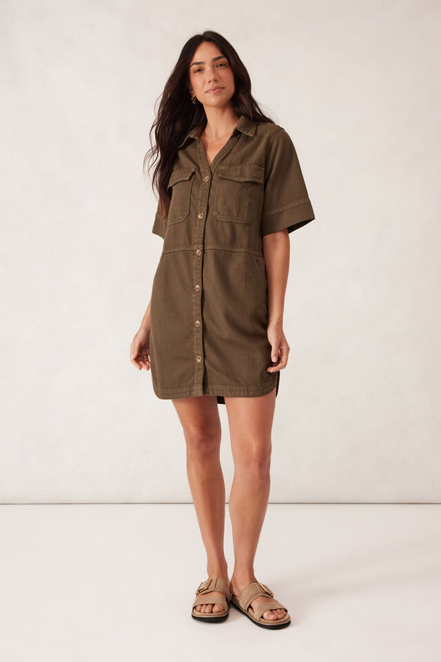 Side Pocket Boxy Dress, DEEP OLIVE