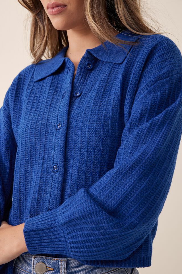 Soft Cropped Collared Cardigan In Recycled Blend, COBALT MARLE