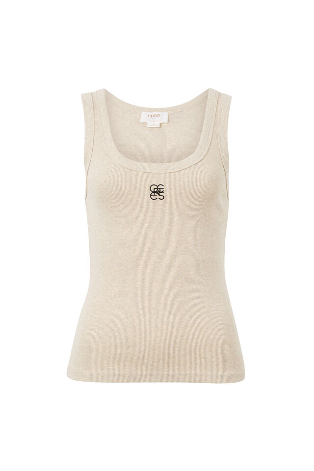 Zoe Contour Rib Scoop Tank, OATMEAL/BLACK MONOGRAM EMBROIDERY
