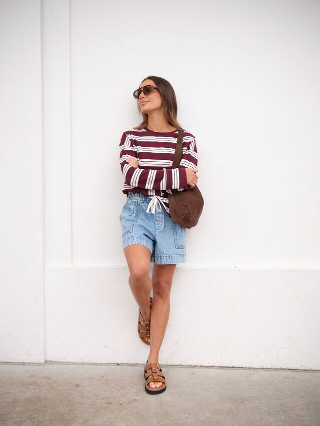Slouchy Long Sleeve  Tee, RAISIN VANILLA STRIPE
