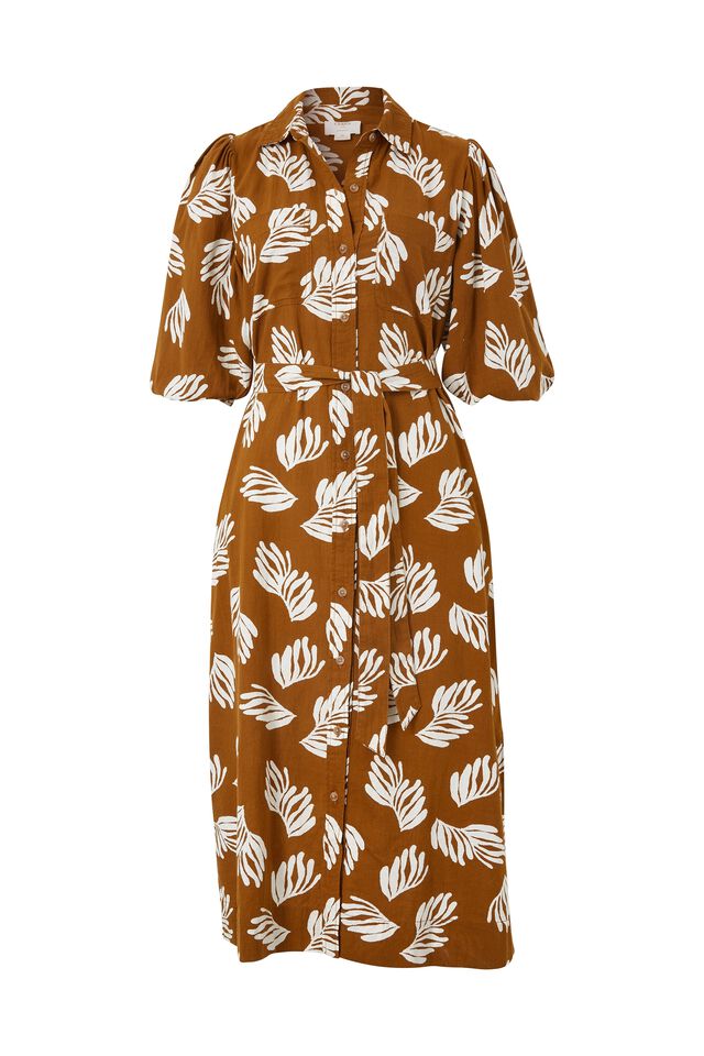 Puff Sleeve Midi Shirt Dress, NUTMEG LEAF TEXTURED ORGANIC COTTON