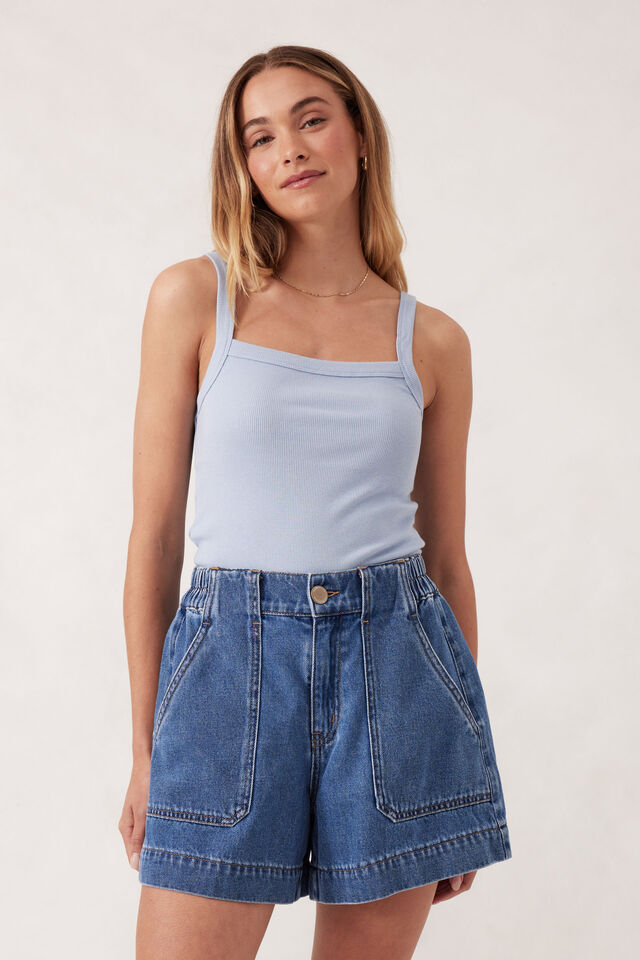 Square Neck Rib Singlet, CHALK BLUE
