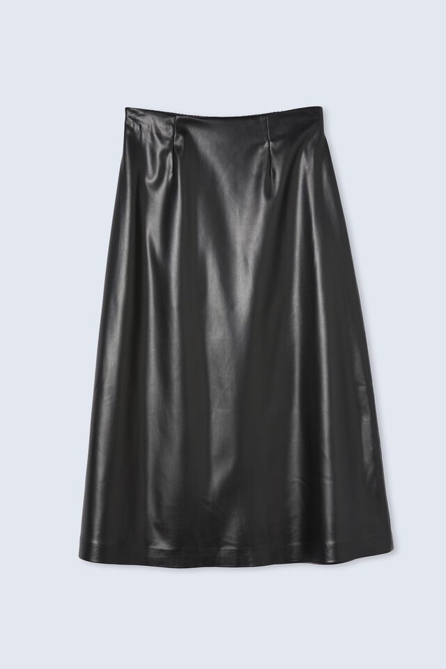 A Line Midi Skirt In Rescued Vegan Leather, BLACK