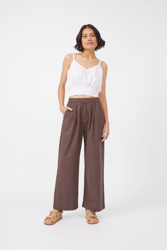 Wide Leg Pleat Front Pant In Cotton Linen Blend, BITTER CHOC