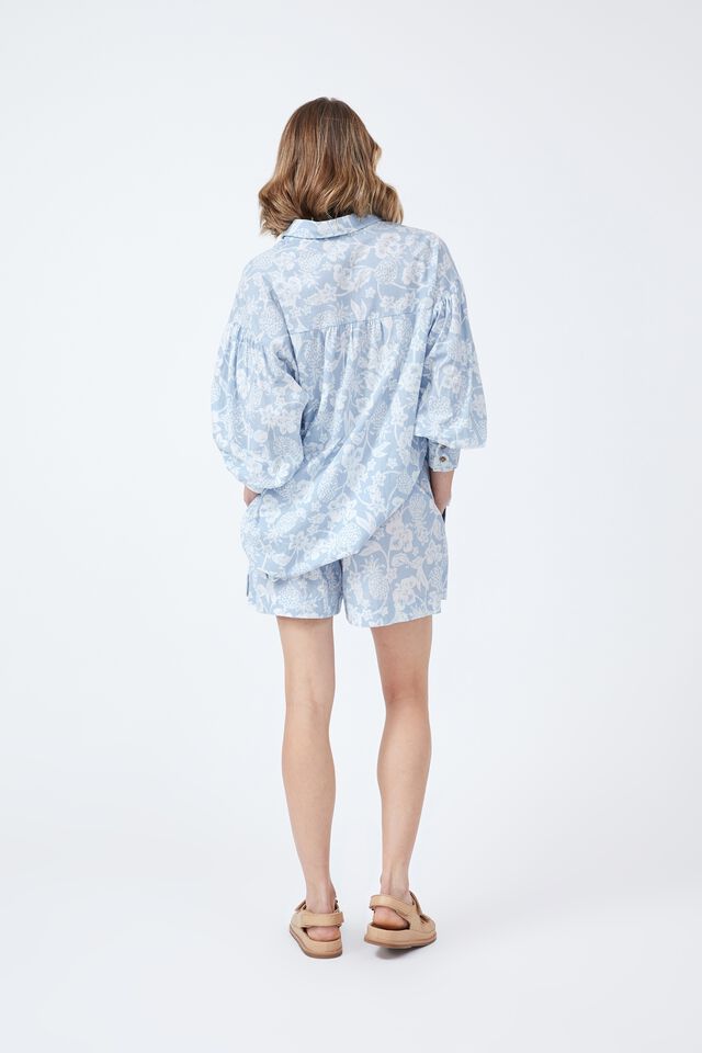 Oversized Gathered Shirt In Rescue Fabric, BLUE FLORAL