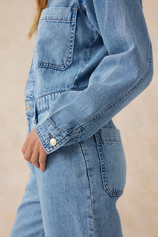 Long Sleeve Soft Denim Jumpsuit, VINTAGE BLUE