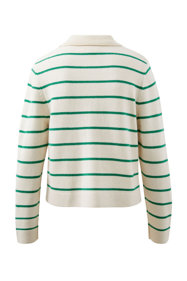 Soft Knit Collared Cardi, ECRU/KELLY GREEN STRIPE