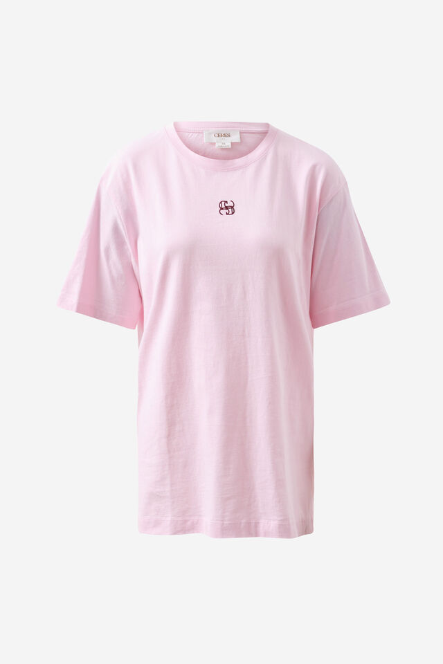 Lola Longline Step Hem Tee, SUNFADED PINK MONOGRAM EMBROIDERY