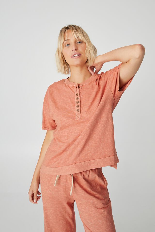 Organic Lounge Boxy Henley Tee, RUST NATURAL DYE