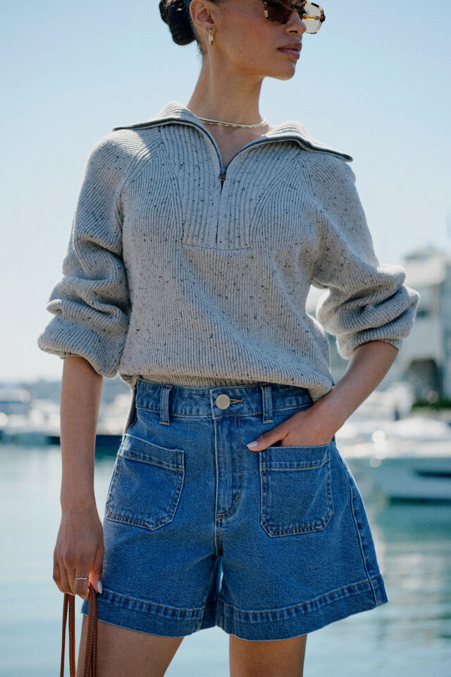 Slouchy Zip Knit, LIGHT GREY NEP