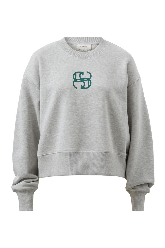 Cropped Slouchy Crew, GREY MARLE PINE GREEN LOGO