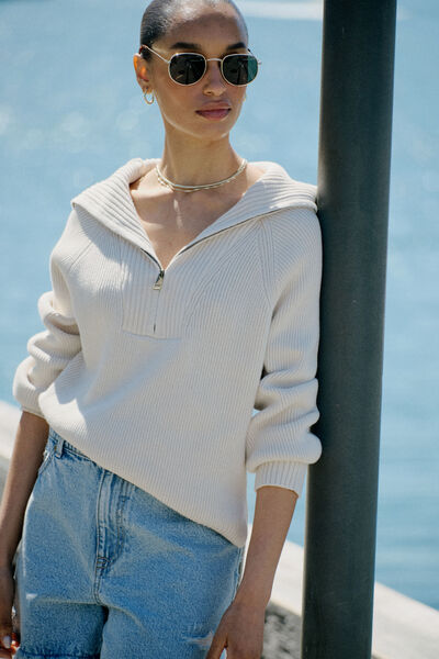 Slouchy Zip Knit, ECRU