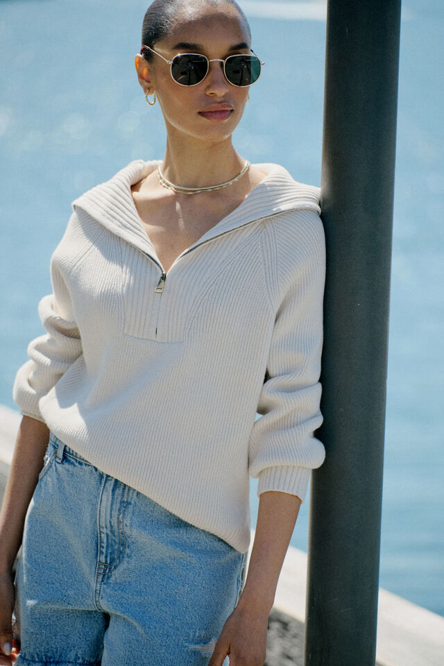 Slouchy Zip Knit, ECRU