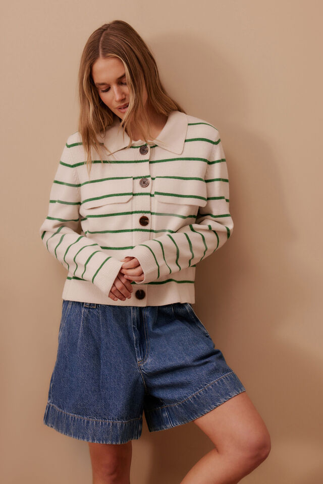 Soft Knit Collared Cardi, ECRU/KELLY GREEN STRIPE