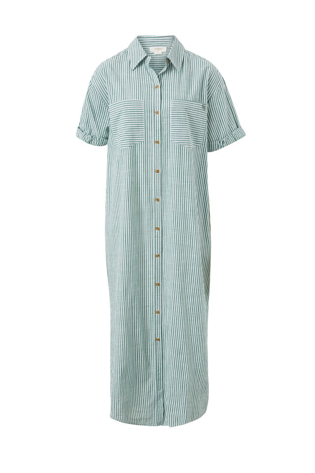 Rolled Cuff Midi Shirt Dress, WINTER GREEN BRIGHT WHITE STRIPE