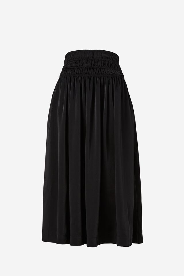 Satin Shirred Midi Skirt With Recycled Fibres, BLACK