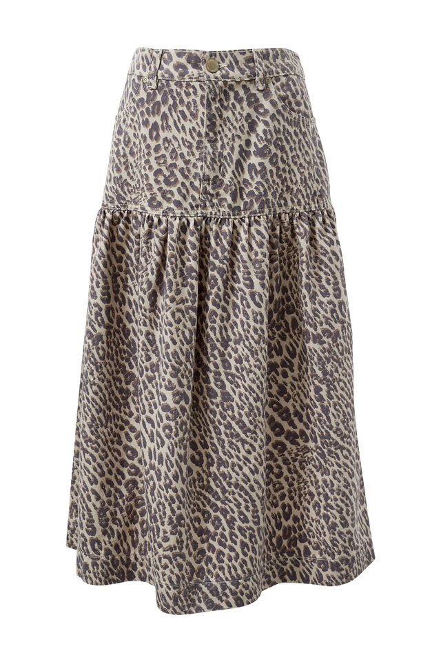 Drop Waist Denim Midi Skirt, LEOPARD