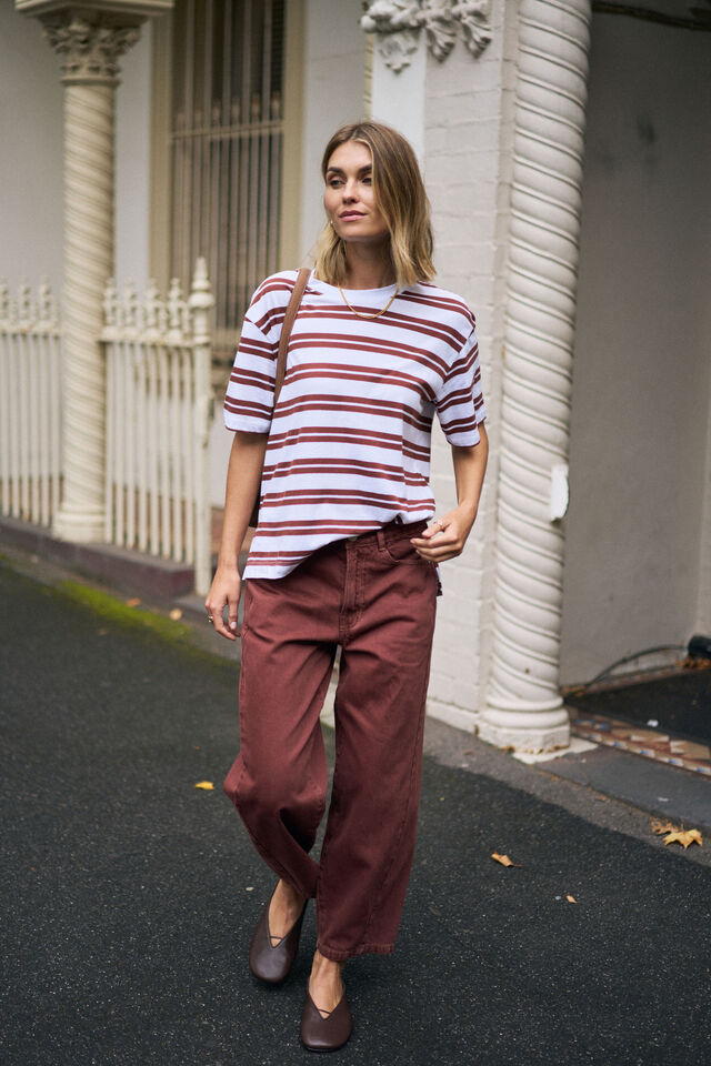 Stevie Slouchy Tee, WHITE/BURNT TOFFEE STRIPE