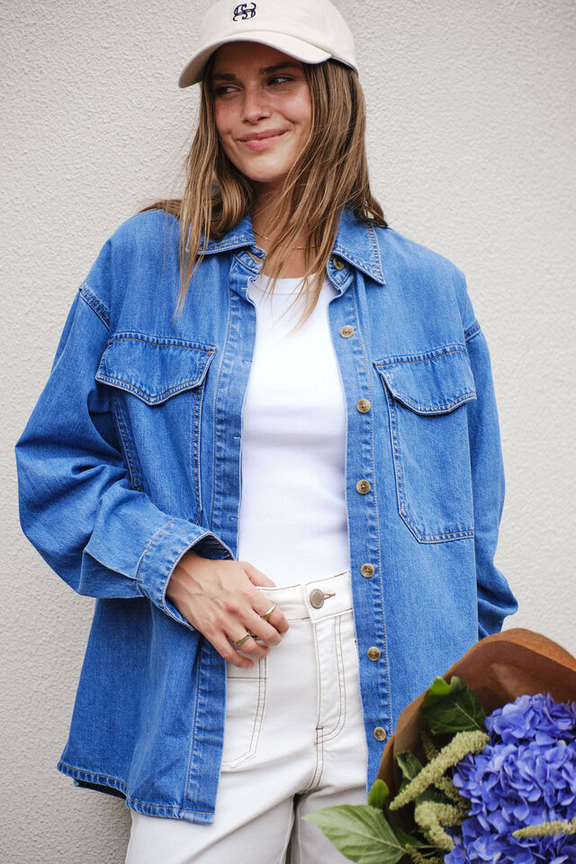 Essential Denim Shirt, MID BLUE WASH