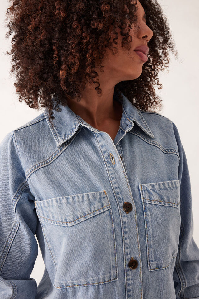 Long Sleeve Yoke Detail Midi Dress, VINTAGE BLUE