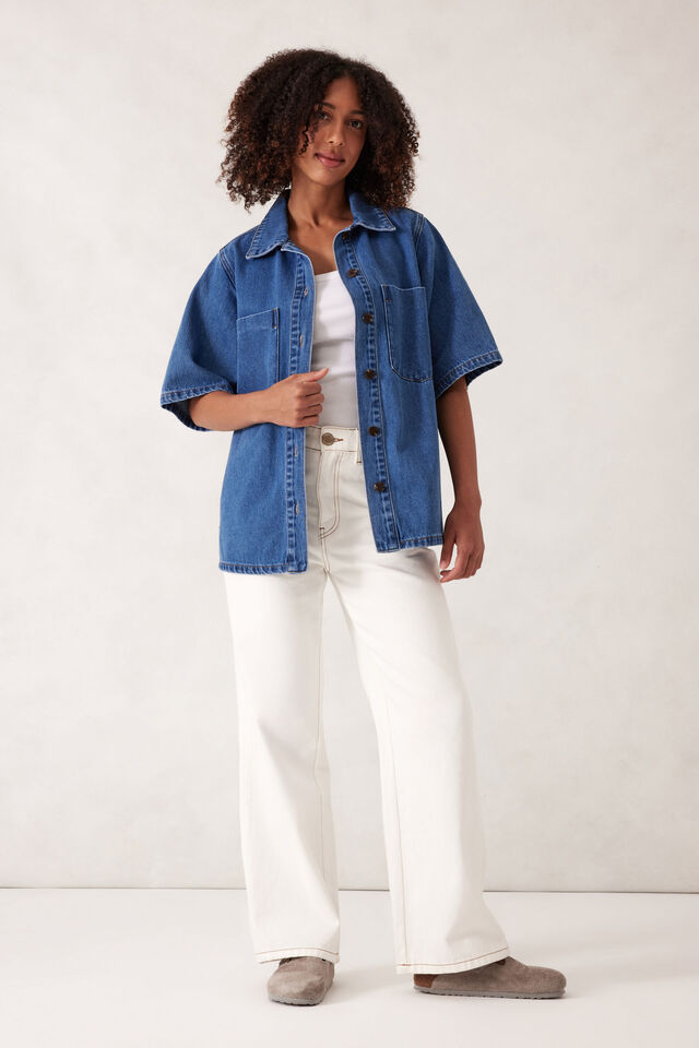 Short Sleeve Denim Shirt, MID INDIGO