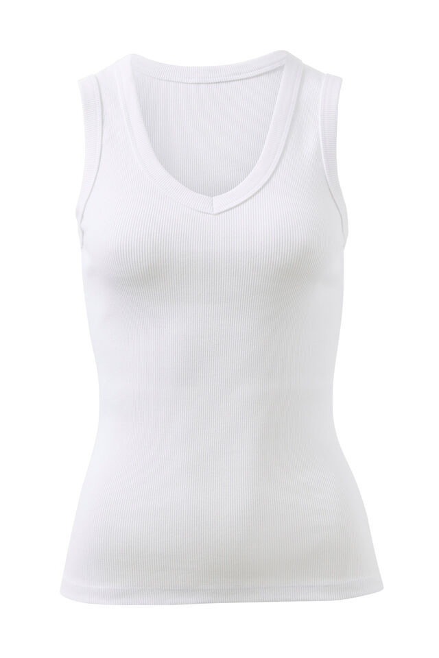Zaire Contour Rib V Neck Tank, WHITE