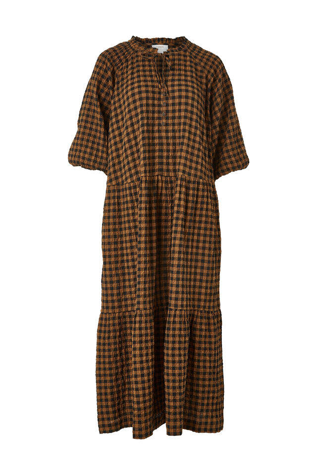 Shirred Check Midi Dress, NUTMEG/BLACK CHECK
