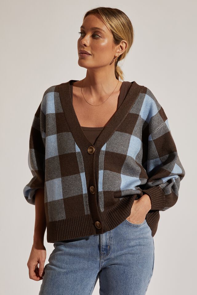 Soft Knit Checkered Cardigan In Recycled Blend, BITTER CHOC BLUE SHADOW CHECK