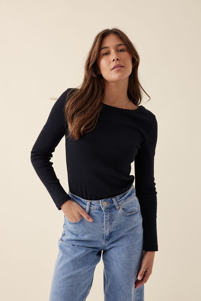 Organic Contour Rib Wide Scoop L/S Top, BLACK